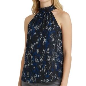 RAMY BROOK Black Printed Sleeveless Halter Neck Keyhole Back Blouse Size Medium
